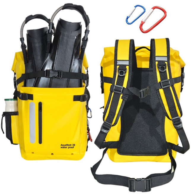 아쿠아네스트 대용량 방수가방 드라이백 30리터 카라비너포함, 노랑색.