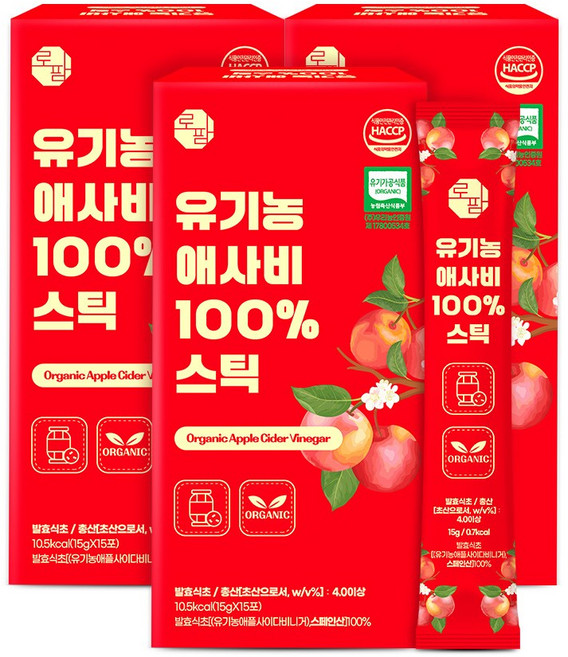 데이앤 유기농 사과식초 애플사이다비니거 애사비 스틱, 15g, 45개