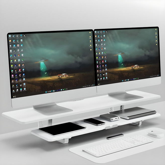 몽상컴퍼니 DM-95 2단 와이드 모니터 받침대 사무실 서재 데스크테리어 13.5 높은 듀얼 받침 오픈형 선반 가로길이 950mm, 화이트