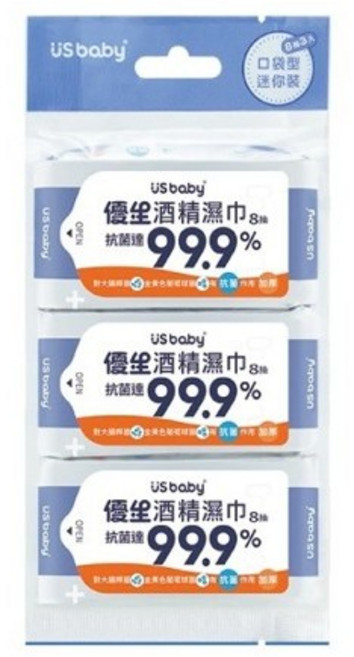 優生酒精濕巾80抽超厚型抗菌達99.9% US BABY, 1個, 酒精濕巾8抽-3入/袋