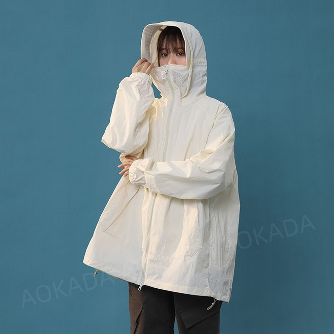 AOKADA 남녀공용 여름 자외선 차단 후드집업 쿨링 자켓 오버핏 아웃도어 초경량 바람막이, 아이보리