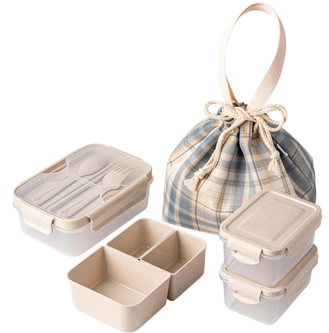 나누담 데일리 도시락 2+1칸 1100ml + 밀폐용기 450ml 2p + 보냉백, 아이보리, 1세트