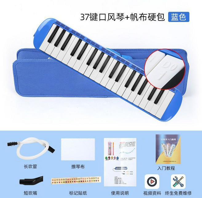 37鍵口風琴 附贈教學資源與配件, 1個, 37鍵硬包藍色-含教材+吹管, 藍色