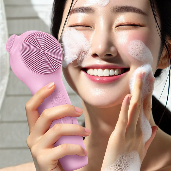 Vakedy 실리콘 진동클렌저 세안 브러쉬 온열 얼굴마사지기, 핑크