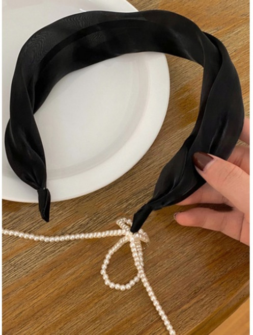 寬編織緞面珍珠髮箍