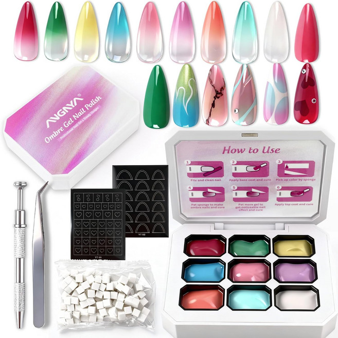 9색 그라데이션 젤 세트 스펀지100매 그래핑펜 프렌치툴 홈샵양용 봄/가을겨울 시리즈 젤네일, 1세트, 라이트톤그라데이션 젤1팩스펀지100매 그래핑펜 프렌치툴