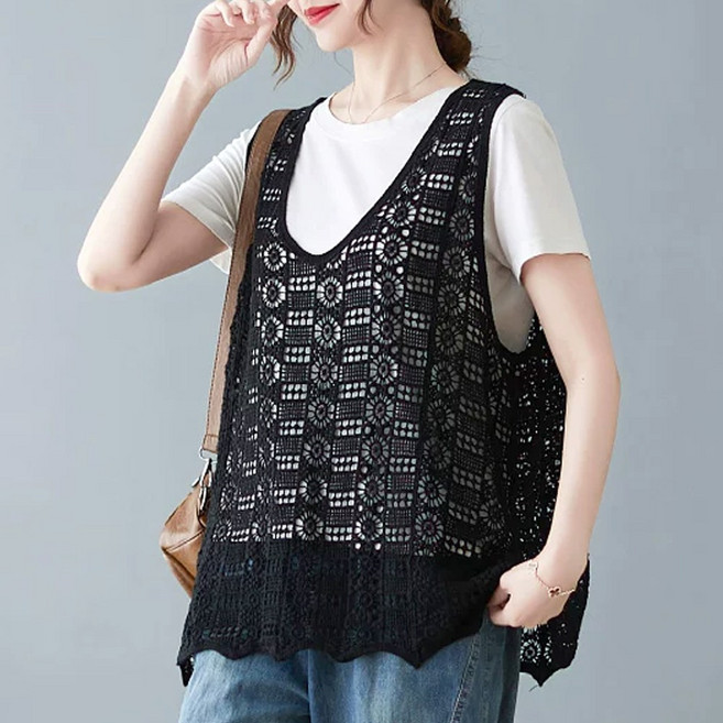 지홍 여름 니트 그물 망사 조끼 얇은 빈티지 베스트