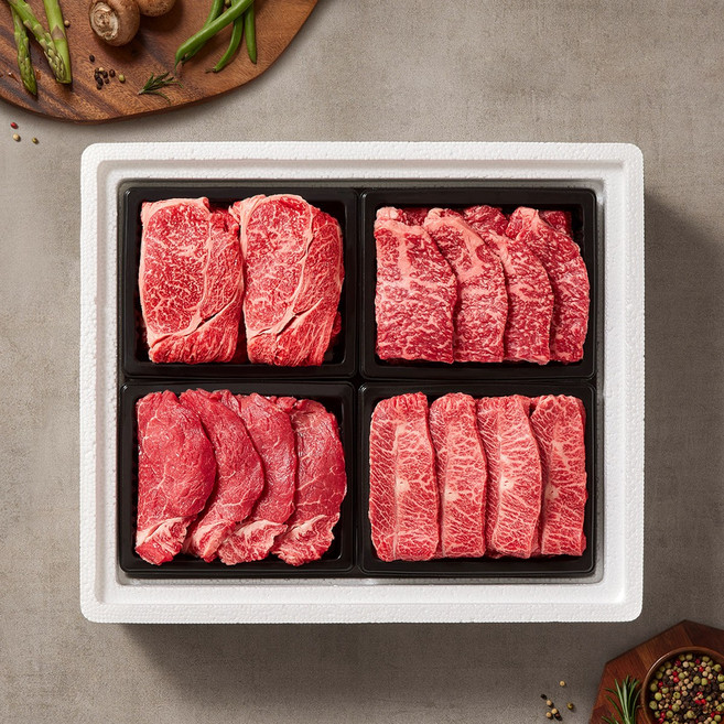 [국제식품]1+등급 한우 선물세트 구이 1호 1.6kg(등심1팩+채끝1팩+안심1팩+특수부위1팩), 1세트