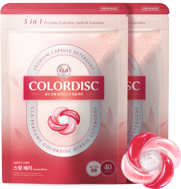 CLA 5in1 퍼퓸 컬러디스크 하이브리드 캡슐 세탁세제 스윗베리, 40개입, 2개