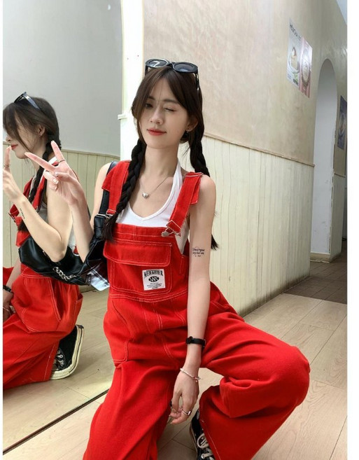 여성 봄 가을 멜빵바지 캐주얼 루즈핏 멜빵 바지 여자용 빈티지 와이드 점프수트 XHR