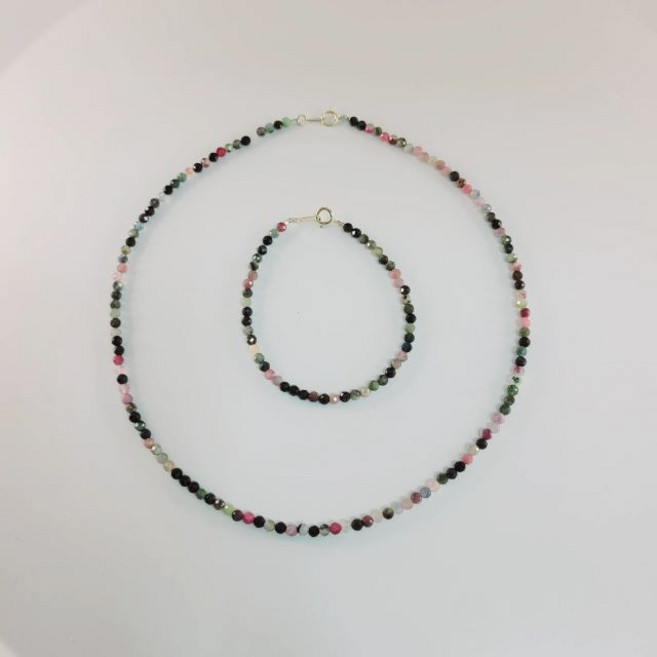 이시엘몰 오색빛 원석 투어마린 목걸이+팔찌 세트 원석목걸이팔찌세트 2mm 3mm 4mm 핸드메이드 14K골드필드