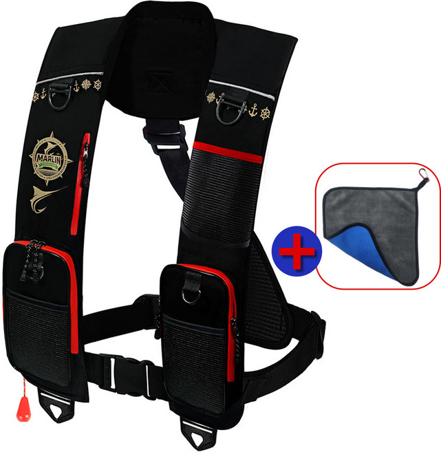 블랙마린 2포켓 자동팽창식 구명조끼 KC FREE 수분감지식 국내생산 낚시, 블랙