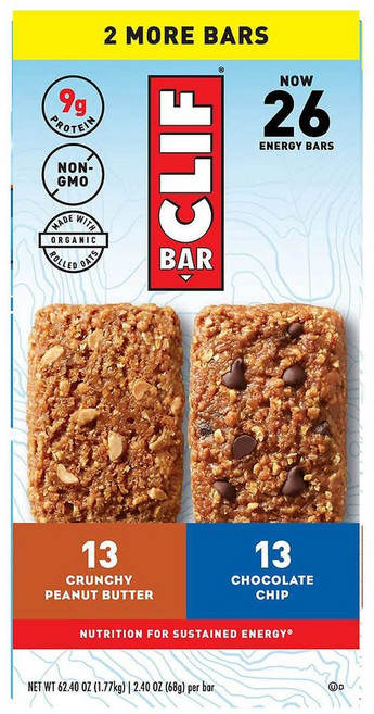 Clif Bar 클리프 바 에너지 2종 크런치 피넛 버터 초콜릿 칩 68g x 26바 프로틴 단백질, 26팩