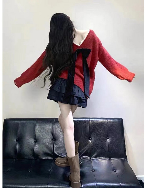 蝴蝶結露背V領毛衣 女款秋冬新款 寬鬆針織上衣