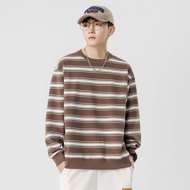 빅사이즈 남성 루즈핏 헤비웨이트 가을용 스트라이프 캐주얼 스타일 편안한 오버핏 데일리룩