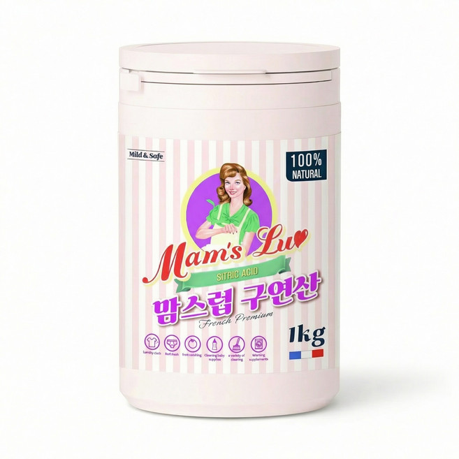 맘스럽 (초특가) 구연산 1kg x 1통 프리미엄 용기형 1등급 천연세제 세탁세제 세정제 세제는 맘스럽 입니다, 1개