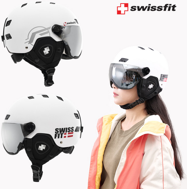스위스핏 스키 스노우보드 바이저헬멧 고글일체형, 화이트, 1개