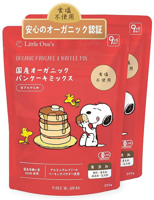리틀원즈 국산 오가닉 팬케이크 믹스 9개월쯤부터 100g×2개 소금 미사용 알루미늄 프리 단맛 줄임 유기농 밀가루 향료 착색료 보존료 무첨가 핫케이크 일회용, 100g