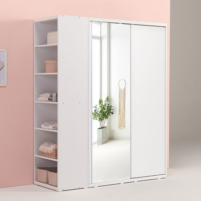 파로마 소이 1600 슬라이딩 거울 옷장+측면장 YUR067, 화이트화이트