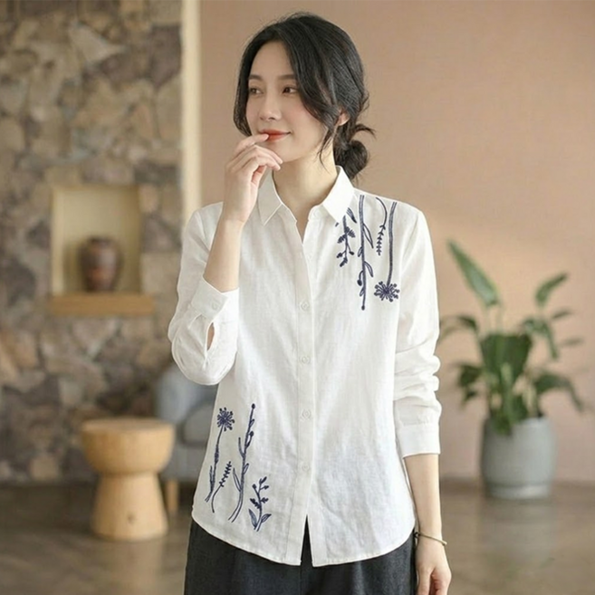 데일로엔 여성 긴팔 플라워 자수 셔츠 블라우스