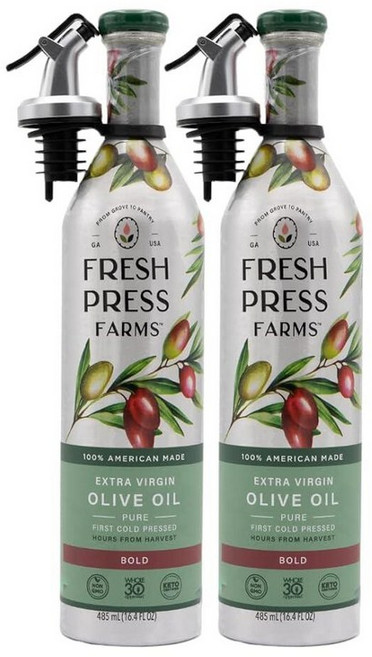 Fresh Press Farms 냉압착 하이 폴리페놀 퓨어 골드 엑스트라 버진 올리브 오일 500ml16.4온스 2팩 조지아 재배 100% 미국산 비정제 Whole30, 굵게, 485ml