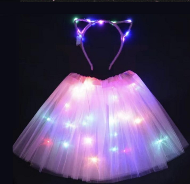 LED 야광 치마 + 고양이 머리띠 세트 생일파티 크리스마스 할로윈 재롱잔치 발레 스커트, 핑크