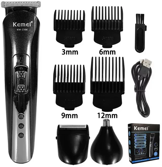 Kemei KM-1506 3 in 1 전기 머리 USB 면도기 코 트리머, 01 1506-with box