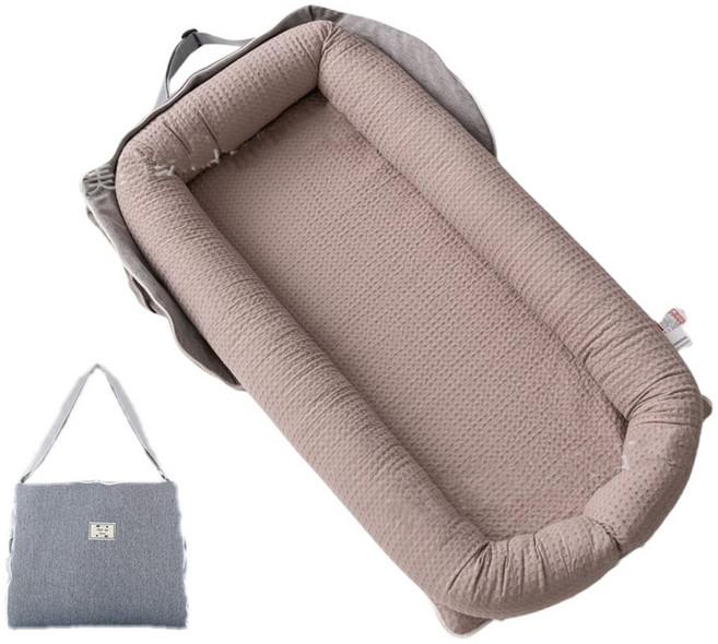 伊淶溫背包款嬰兒床中床：內外可拆洗便攜式防壓嬰兒睡窩、子宮仿生旅行床, 亞麻棕(床+枕), 亞麻棕