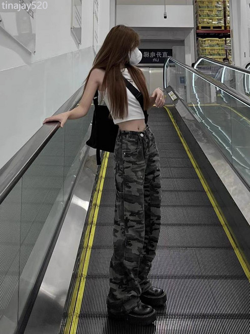 美式複古迷彩工裝褲女春秋小個子寬鬆大碼顯瘦闊腿窄版直筒牛仔褲