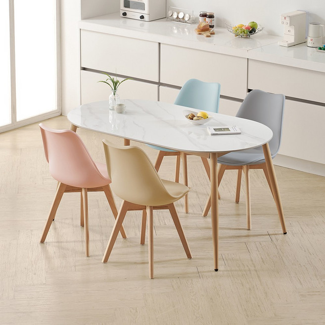 라로퍼니처 코코 1500 유광 타원 포세린 통 세라믹 4인 식탁 세트, 식탁+의자4, 화이트 의자2+스카이블루 의자2