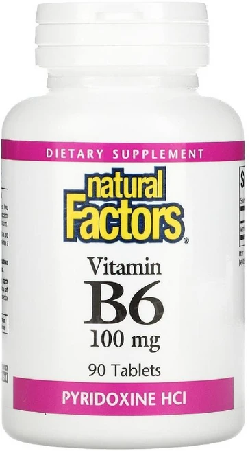 내추럴팩터스 Natural Factors 비타민B6 피리독신 HCI 100mg 90정 피리독신 염산염 스테아린산 마그네슘, 1개 - 쿠팡