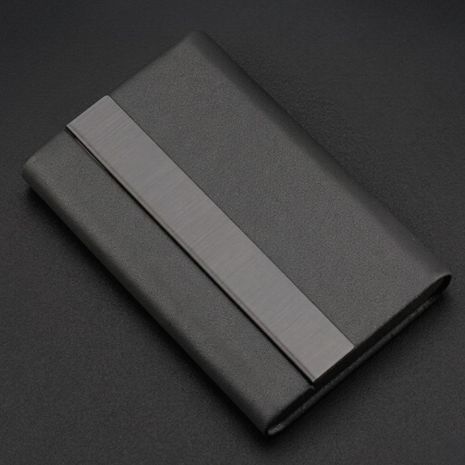 심플리 메탈 가죽 명함케이스, 1개, 그레이가죽+블랙메탈