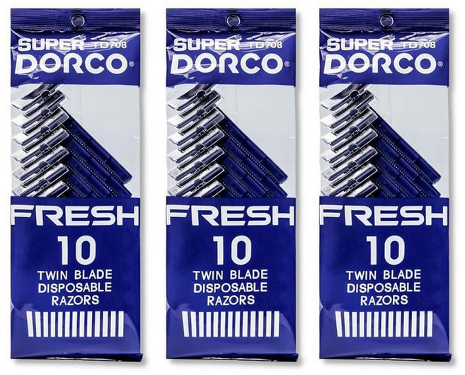 Dorco Fresh 트윈 블레이드 남성용 일회용 면도기(60개) 부드럽고 편안한 면도 면도 면도기 미끄럼 방지 손잡이 민감한 피부 및 여행에 이상적 234624, 10 Count (Pack of 3)