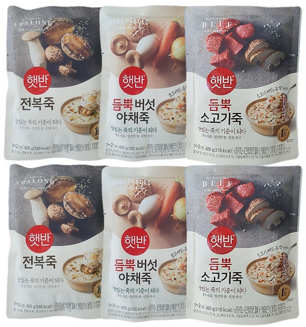 총 6개입/450g 비비고죽 전복2+버섯야채2+소고기2, 1세트