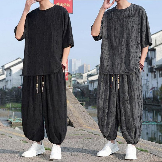 남자 여름 아이스 쿨링 반팔 박스티 긴바지 트레이닝복 세트 얇은 상하 투피스