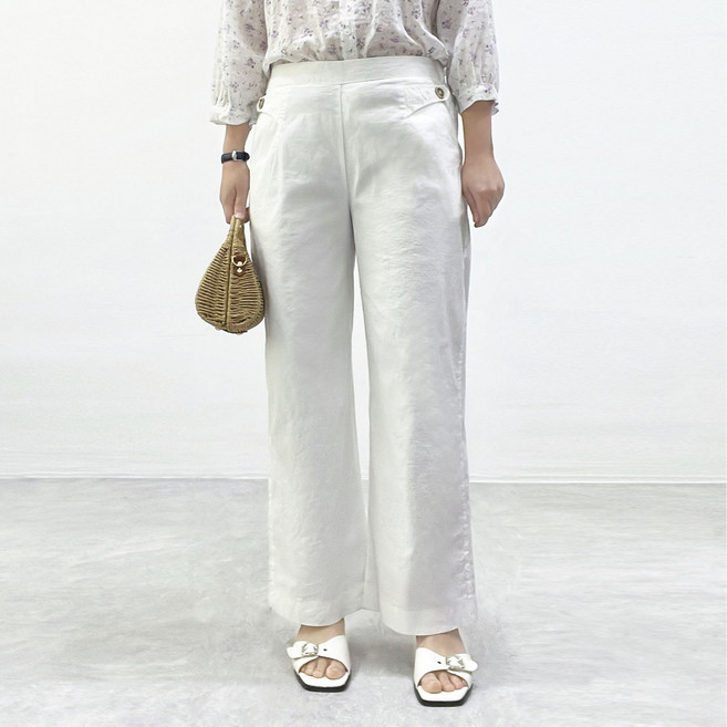 [린넨 밴딩팬츠] 화이트 린넨 블렌드 세미와이드 밴딩 팬츠 55 66 77 88 흰색 여름 바지 린넨긴바지