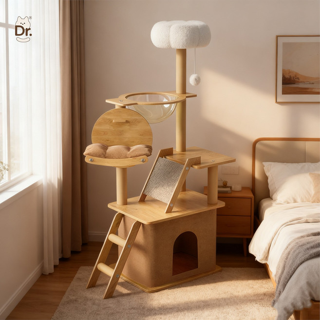 캣타워 캣트리 일체형 대형 목질 캣타워 공간을 차지하지 않음 우주 캡슐, Y18 밤색, 1개