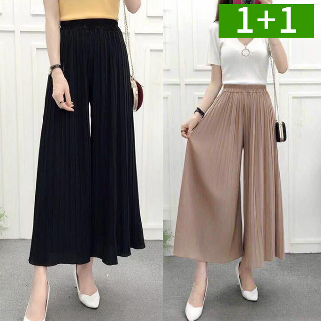 1+1 9부 여성 치마바지 봄 여름 쉬폰 하이웨스트 밴딩 주름 와이드 팬츠