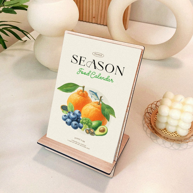 퍼니즈 2026년 탁상용 제철 음식 탁상 달력 우드거치대 포함 엽서 데스크 캘린더, 1개, 혼합색상