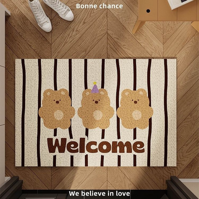 곰돌이 웰컴 코일현관매트 북유럽 감성 카페트 홈 논슬립 베어 캐릭터 베란다 발코니 가정 업소 발매트 자르기 가능 사계절용 멀티 홈 오브제, 2_웰컴하는 곰돌이 3마리 줄무늬