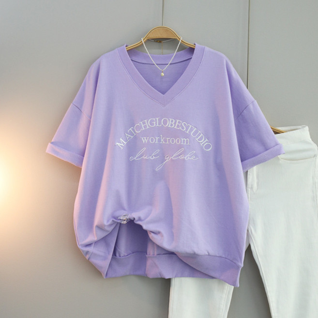 달콩 ROOM자수브이넥맨투맨 여성 반팔 티셔츠 오버핏 루즈핏 봄 여름