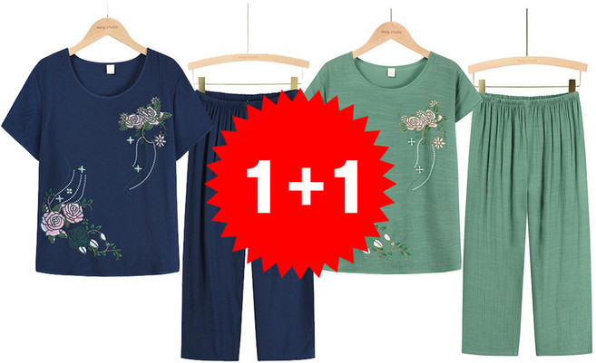 지디오 빅사이즈 할머니 여름 투피스 2개 세트 시원한 홈웨어 반팔 상하세트 플라워 얇은 마실복