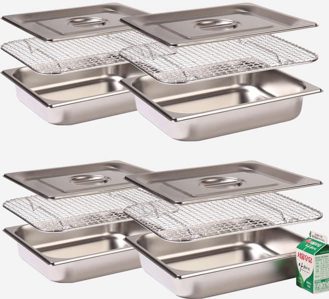 강화 스텐 밧드+뚜껑+그물망 3종 세트 주방용 냉장고 레스팅 고기 반찬 사각 쟁반 바트 용기 트레이, 4세트, 2인치 몸체+망+뚜껑