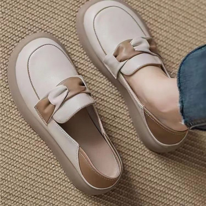 ROYALBELLE 여성 둥근코 배색 리본 장식 편안한 착화감 캐주얼 로퍼 두꺼운 밑창 슬립온 스타일리시 데일리 슈즈 M0081203
