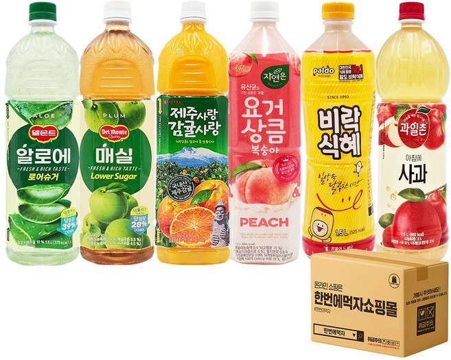 [한번에먹자쇼핑몰] 과즙음료 6종 혼합세트 해태음료 아침에 사과 팔도 비락식혜 롯데칠성 델몬트 제주사랑 감귤사랑 제주감귤 알로에 매실 웅진 요거상큼 복숭아, 6개, 1.5L