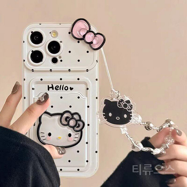 티류으스 입체 키티 리본 디자인 아이폰 16 프로 호환 카드 지갑 케이스+키티 스트랩