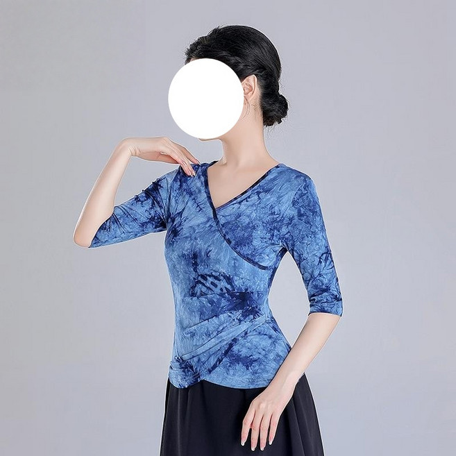 쌍천 브이넥 트레이닝복 상의 여자 성인 나염 현대 고전 무용복 중국풍 형체 훈련복 W25100914