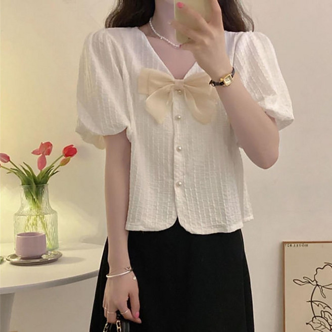 AURALA 여성 쇼트 시폰 블라우스 퍼프소매 리본 반팔 티셔츠 여자 반팔 V넥 블라우스 여름 반팔티