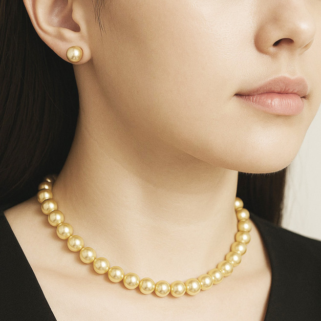 오스트리아 스와로브스키 Gold펄 고급 진주 귀걸이 목걸이 세트 남양진주