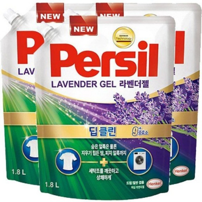 퍼실 딥클린 9중효소 라벤더젤 드럼용 액상세제 리필, 3개, 1.8L